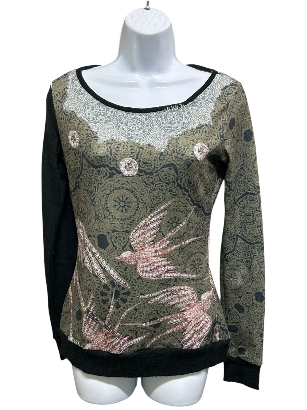 Smash Whimsical Pink Bird Long Sleeve Stretchy Top Size S